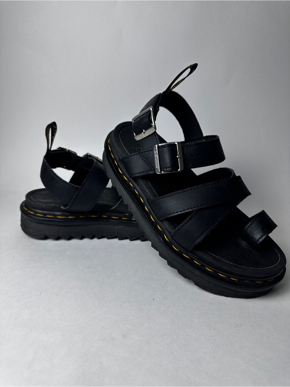 Dr. Martens Black Leather Strappy Toe Loop Sandals Yellow Stitch 24 cm